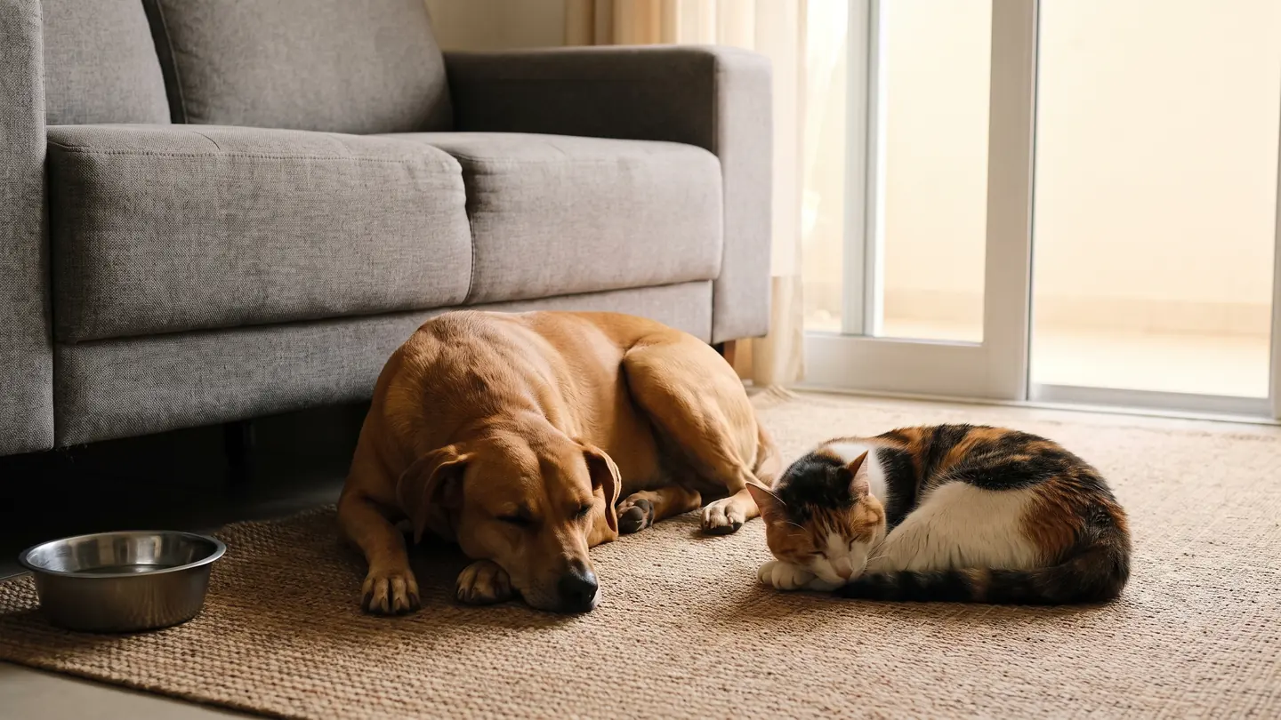 Cão e gato deitados lado a lado no tapete da sala